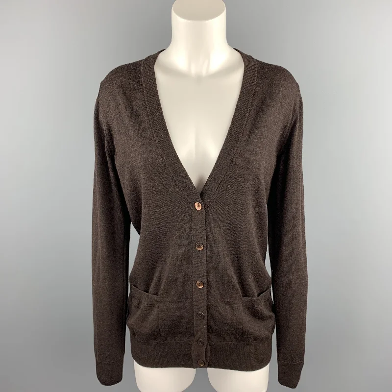 DOLCE & GABBANA Size 6 Brown Knitted Virgin Wool Cardigan Mesh Fabric Canvas Fabric Denim Fabric