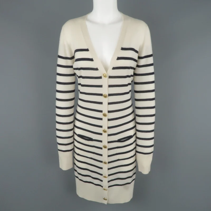 CHLOE Size M Cream & Navy Sailor Striped Cashmere Gold Button Long Cardigan Knit Fabric Woven Fabric Fleece Fabric