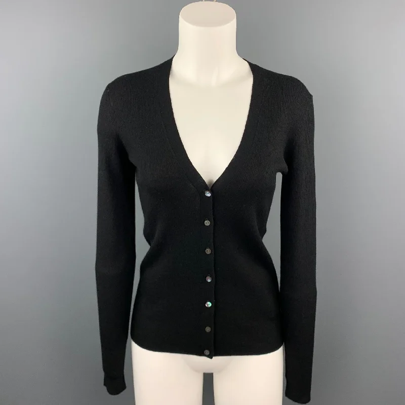 TSE Size S Black Knitted Ribbed Cashmere / Silk Buttoned Cardigan Toggled Drawstring Belted