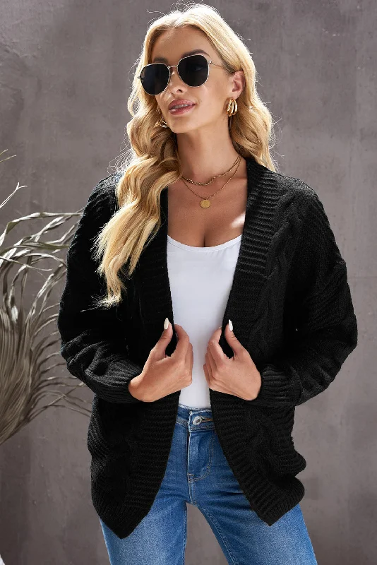 Dropped Shoulder Cable-Knit Open Front Cardigan Iron Safe Non-Iron Wrinkle Free