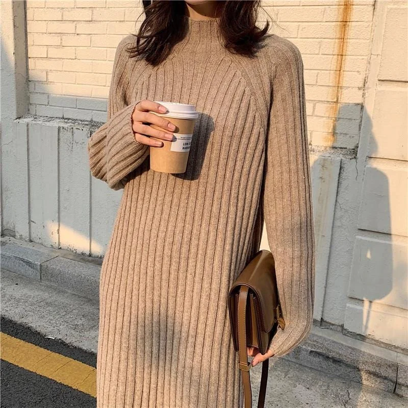 Women Winter basic Long Sweater Dress Turtleneck long sleeve Elegant solid color brief slim Knitted dresses pullovers Slit Sleeve Stylish