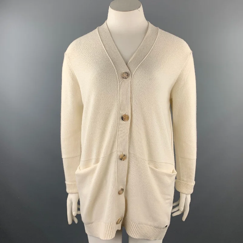 HERMES Size 10 Cream Knitted Cashmere Buttoned Cardigan Welt Pockets Slit Pockets Flap Pockets