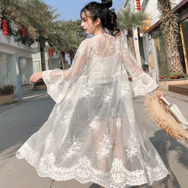 Boho Kimono Femme Long Cardigan Mujer Transparent Summer Women Lace Cardigans Korean Fashion Women'S Clothing Summer 2020 DD2513 Chenille Brocade Lace