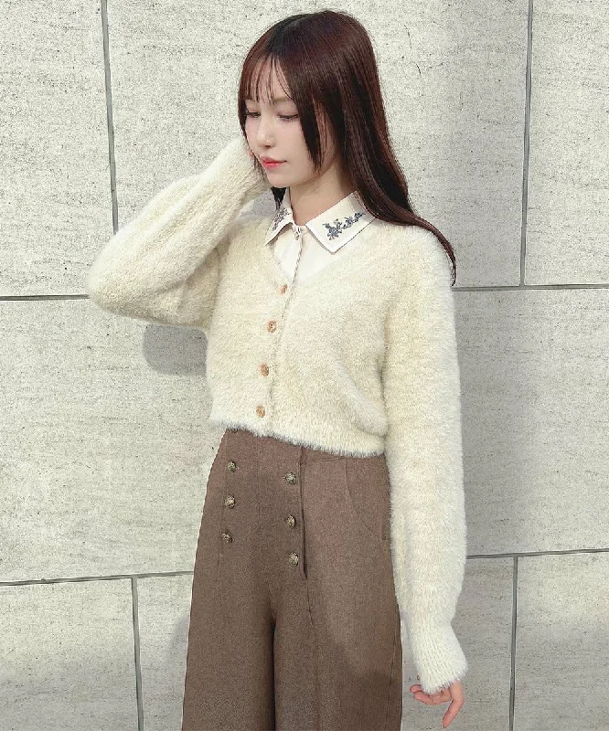 Emblem Button Feather Knit Cardigan / an another angelus [52BJ04j007]. Hooded Caped Shawl Collar