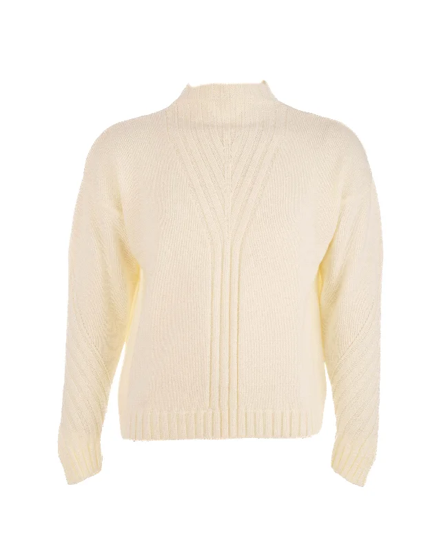 Women Turtleneck Pullover - Off White Gathered Sleeve Pullover