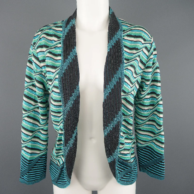 M MISSONI Size 10 Blue & Green Wool / Viscose Textured Print Knit Cardigan Collared Crew Neck Turtle Neck