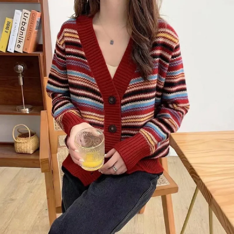 Womens Button Down Striped Cardigan Handmade Hand-knitted Hand-woven