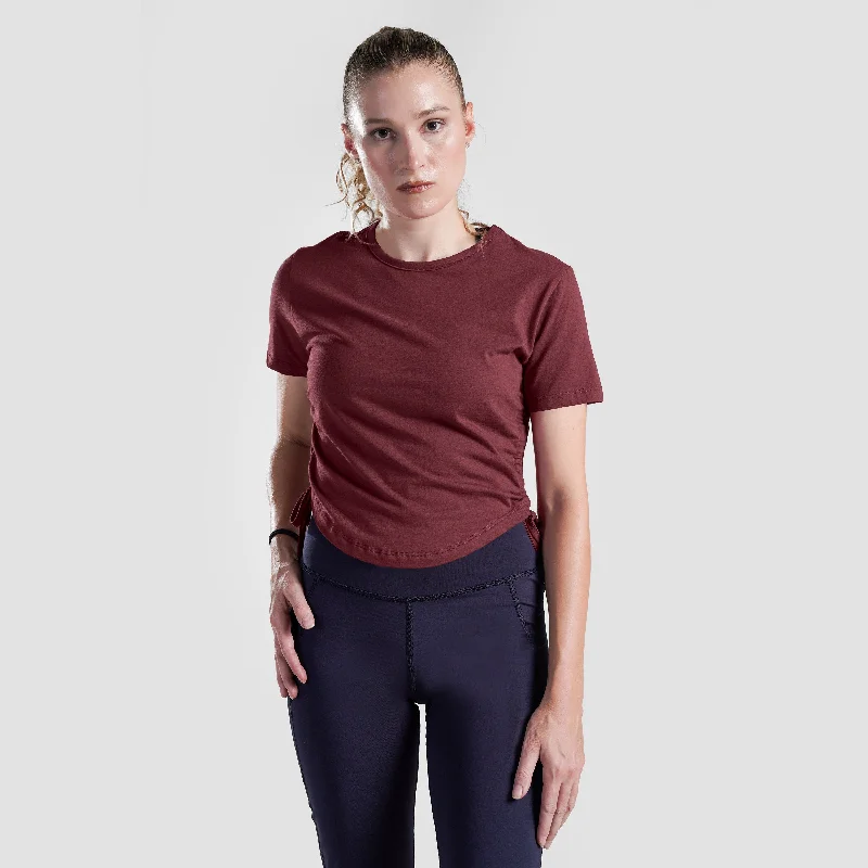 Active Shape Crop Tee (Burgundy) Zippered Front Buttoned Front Snap Front