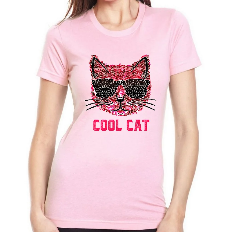 Cool Cat Shirt - Cool Cat Mom Shirt - Pink Cat Shirts for Women Cat Mom Gifts for Women Cat Lover Shirts Print Jacquard Patchwork