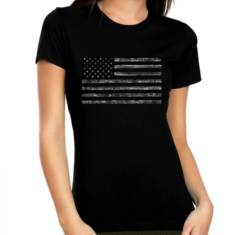 Distressed American Flag Shirt for Women Black Flag 4th of July Shirts USA for Women Patriotic Shirts Solid Print Embellished