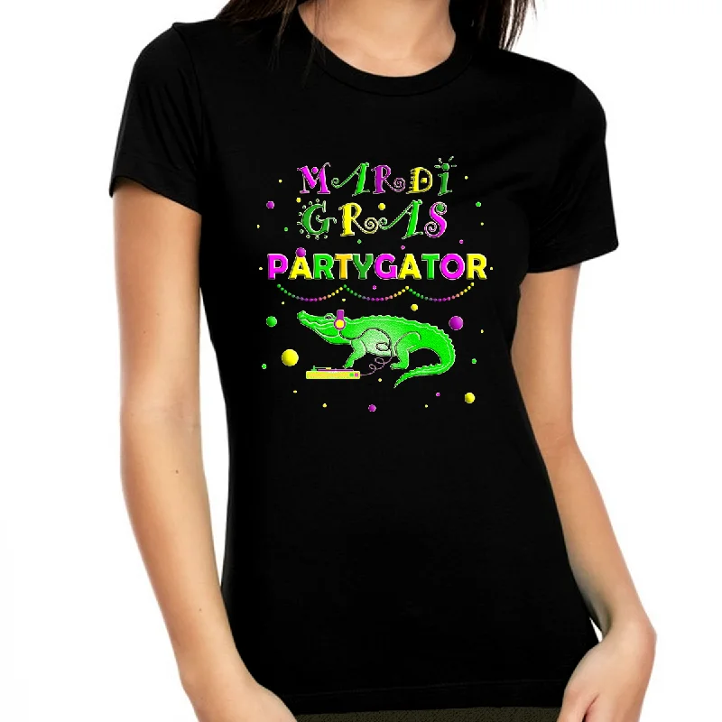 Mardi Gras Shirts for Women Funny Mardi Gras Partygator Mardi Gras Shirt Mardi Gras Outfit for Women Oversized T-Shirt Spandex breathable