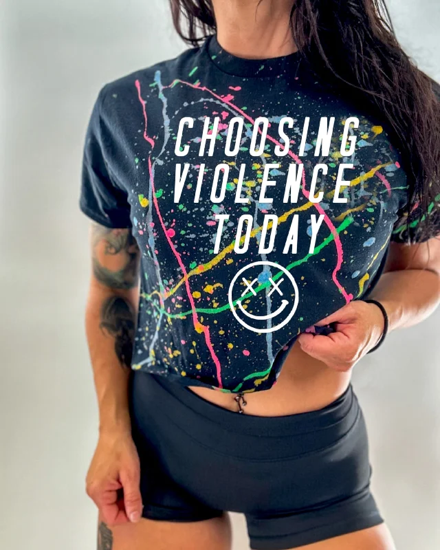 Salty Savage Ladies “Choosing Violence Today” Paint Splatter Crop Tee Silk Blend Satin Velvet