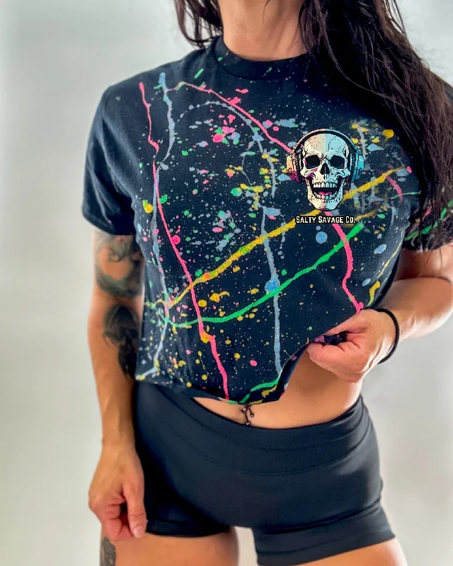 Salty Savage Ladies “DEAD BEATS” Paint Splatter Crop Tee | Basic Iron Safe Non-Iron Wrinkle Free