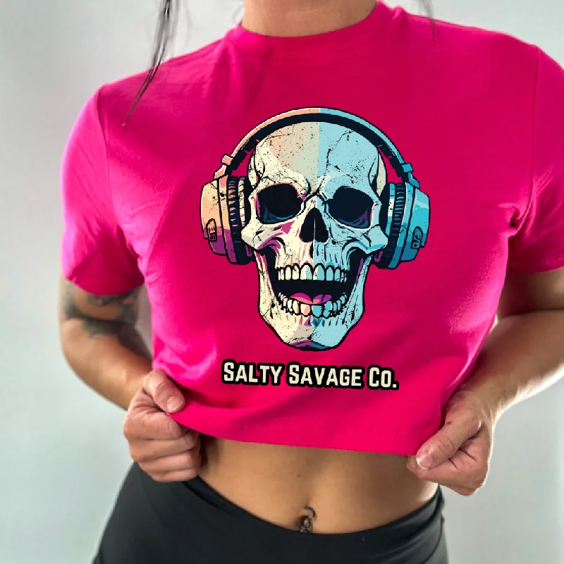 Salty Savage Ladies "Dead Beats" Performance Crop Tee Mesh Canvas Denim