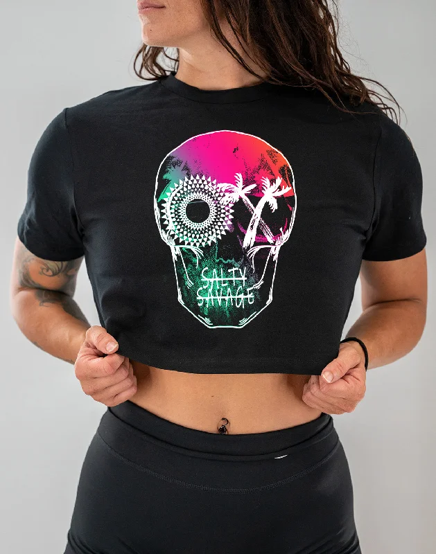 Salty Savage Ladies "Dead N’ Gone" Beach Skull Performance Crop Tee Spandex Blend Rayon Blend Denim Blend