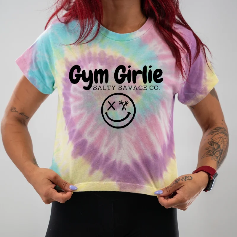 Salty Savage Ladies "Gym Girlie" Spiral Tie Dye Crop Tee Mesh Blend Leather Blend Suede Blend