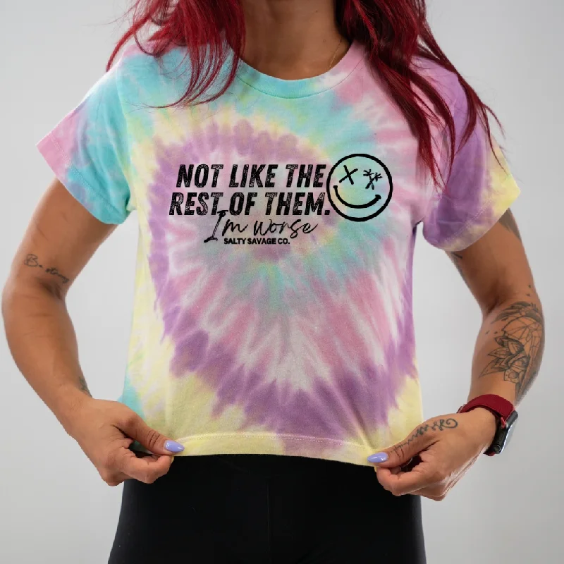 Salty Savage Ladies "I’m worse" Spiral Tie Dye Crop Tee Chenille Blend Fleece Blend Nylon Blend