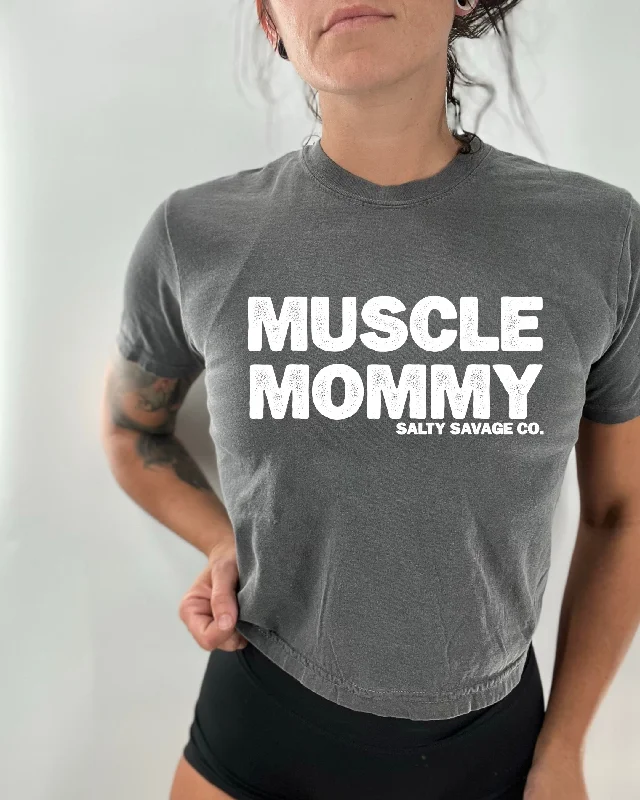 Salty Savage Ladies "MUSCLE MOMMY" Mineral Washed Crop Tee Cotton Fabric Linen Fabric Terry Fabric