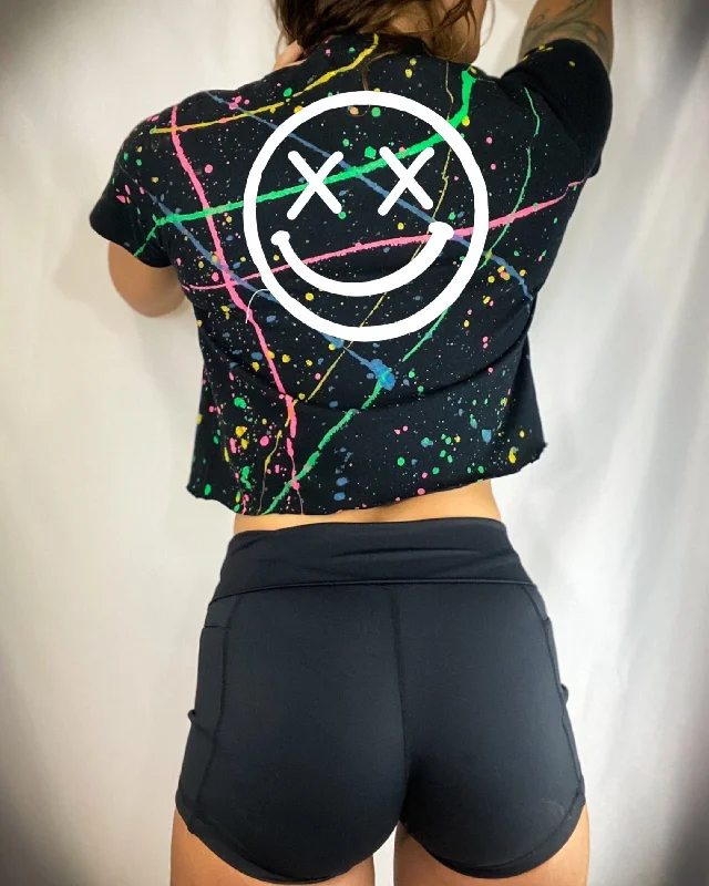 Salty Savage Ladies “OG Smile” Paint Splatter Crop Tee | Business in the Front, Party in the Back Front Pockets Side Pockets Patch Pockets