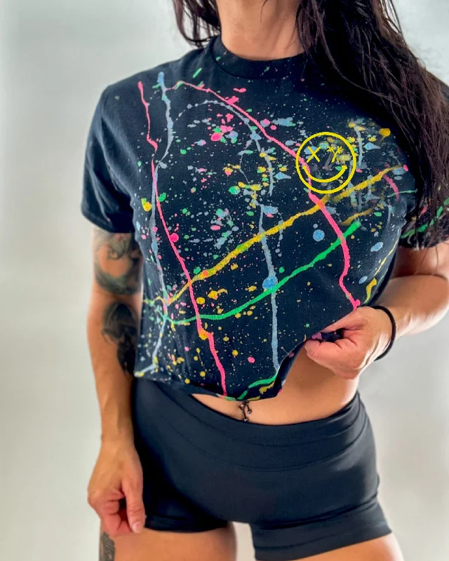 Salty Savage Ladies “Spliced Smile” Paint Splatter Crop Tee | Basic | Yellow Fleece Nylon Spandex