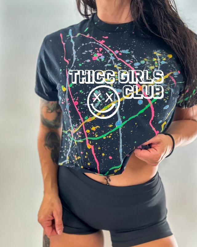 Salty Savage Ladies “THICC GIRLS CLUB” Paint Splatter Crop Tee Polka Dot Checkered Tartan