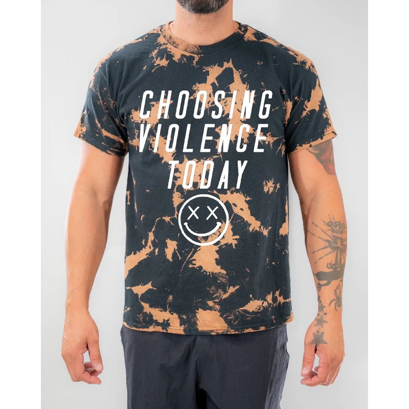 Salty Savage Unisex "Choosing Violence Today" Bleached Tie Dye Crew Tee Faux Fur Fabric Real Fur Fabric Shearling Fabric