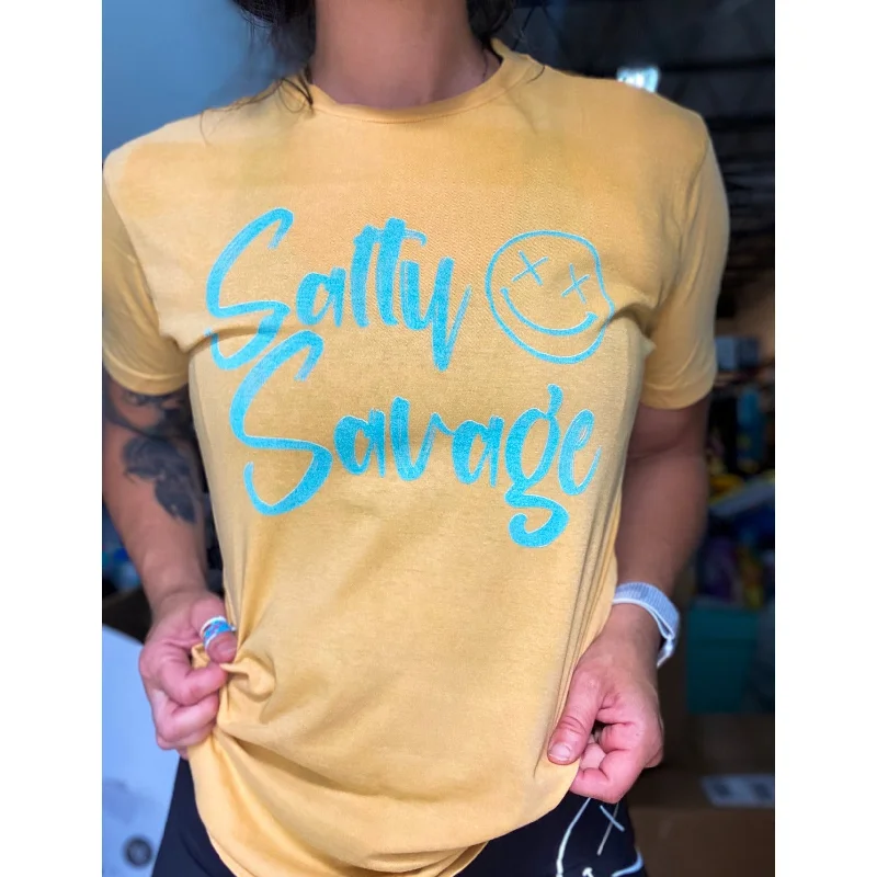 Salty Savage Unisex “Signature” Crew Tee | Vintage Yellow/Teal Houndstooth Herringbone Solid