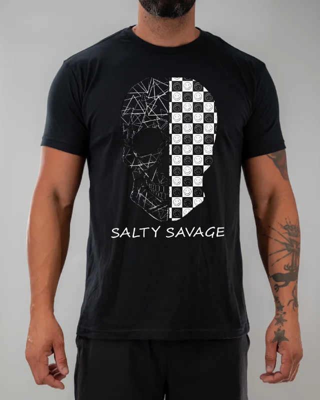 Salty Savage Unisex “Spliced Checkered Geo Skull” Tee | Black & White Boxy Fit Fitted Loose