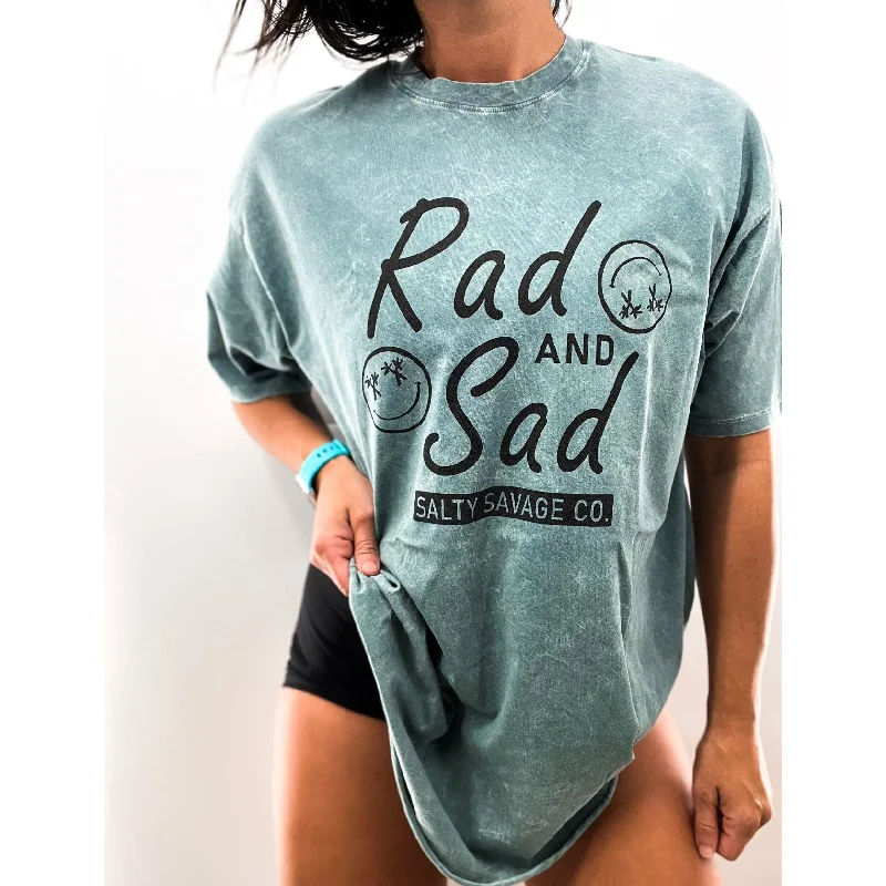 Unisex "RAD and SAD" Oversized Tall Crew Tee | Mineral Washed Teal/Black Beaded Sequined Faux Fur