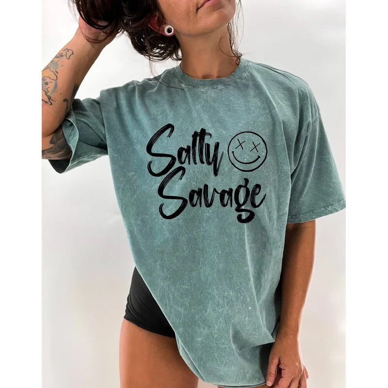 Salty Savage Unisex Signature Oversized Tall Crew Tee | Mineral Washed Teal/Black Graphic Embroidered Appliqued