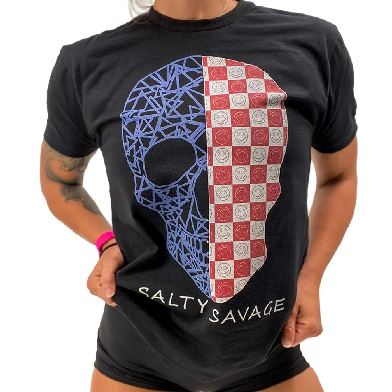 Salty Savage Unisex “Spliced Checkered Geo Skull” Tee | Red White & Blue Welt Pockets Slit Pockets Flap Pockets