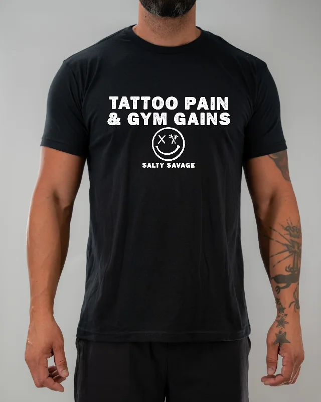 Salty Savage Unisex "TATTOO PAIN & GYM GAINS" Tee Jersey Fabric Tulle Fabric Batik Fabric