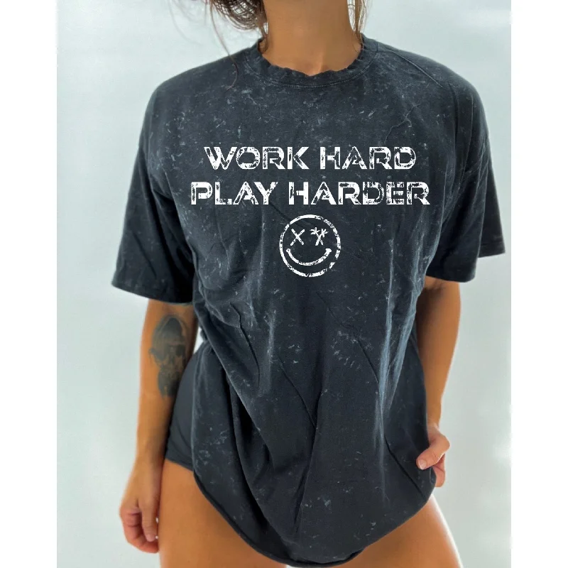 Unisex "WORK HARD PLAY HARDER" Oversized Tall Crew Tee | Mineral Washed Black Collared T-Shirt Boat Neck A-Line