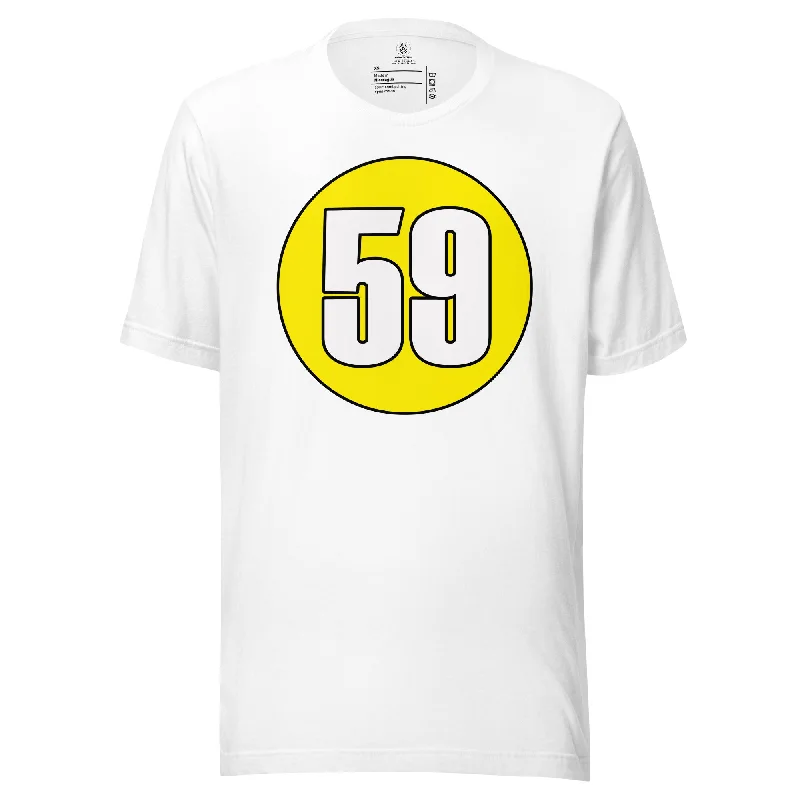 Unisex t-shirt: White on Yellow 59 Notch Collar Peter Pan Collar Cowl Neck