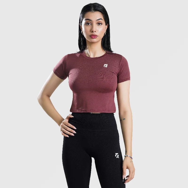 W024 Cropped Tee (Maroon) V-Neck T-Shirt Long Sleeve Cotton